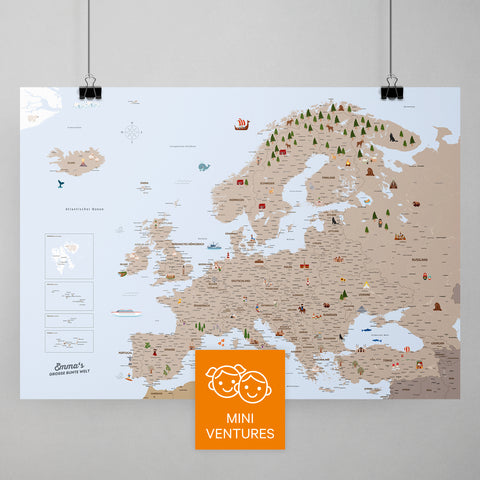 Kleurrijke Europa-kaart voor kinderen in de kleur Bruin met liefdevolle illustraties en afbeeldingen als poster om te prikken en markeren kopen