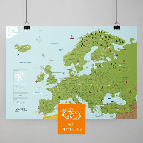 Kleurrijke Europa-kaart voor kinderen in Classic-kleur met liefdevolle illustraties en afbeeldingen als poster om te prikken en markeren kopen