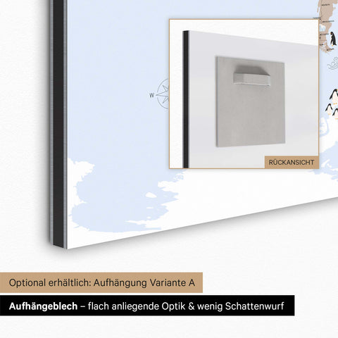 Aufhängeblech für magnetische Kinder-Weltkarte zur einfachen Wandmontage für eine flach anliegende Optik