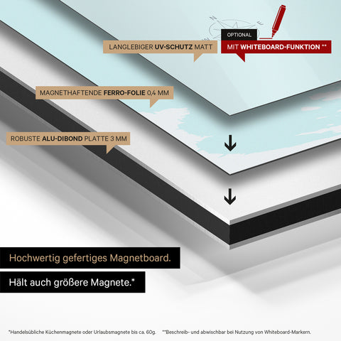 Kinderweltkarte auf magnethaftende Ferro-Folie gedruckt, auf Alu-Dibond-Tafel geklebt und mit UV-Schutz kaschiert