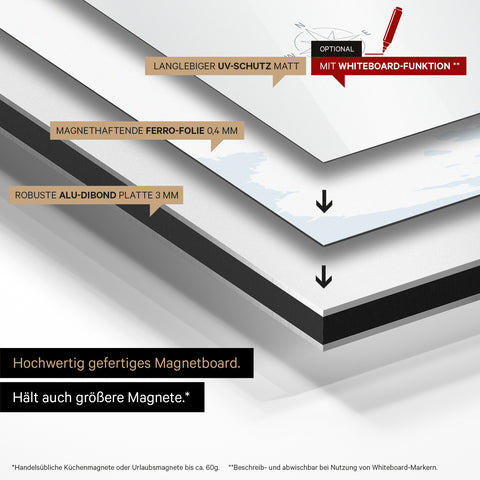 Kinderweltkarte auf magnethaftende Ferro-Folie gedruckt, auf Alu-Dibond-Tafel geklebt und mit UV-Schutz kaschiert