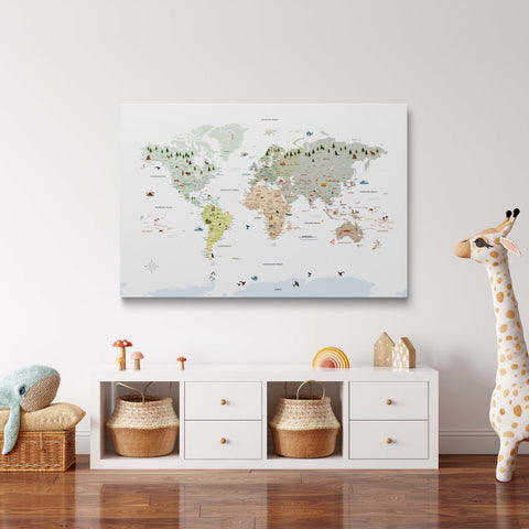Kinderwereldkaart Canvas Prikbord – MINIVENTURES® Wit