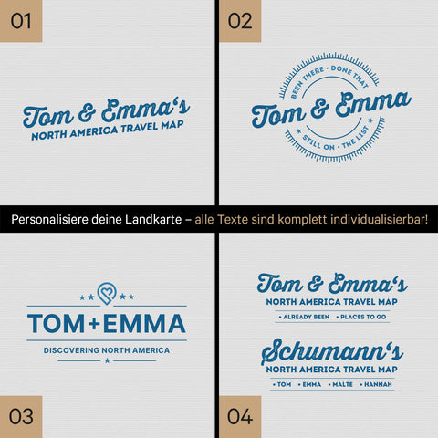 Nordamerika Landkarte mit hohem Detailgrad als Pinnwand Leinwand in Blau mit Personalisierung und Eindruck mit deinem Namen