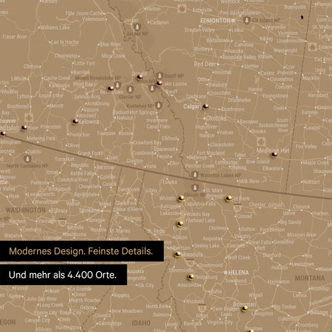 Ausschnitt einer Nordamerika Landkarte als Pinn-Leinwand in Sonar Black (Schwarz-Gold) zeigt Reiseziele und Highlights in Kanada und USA
