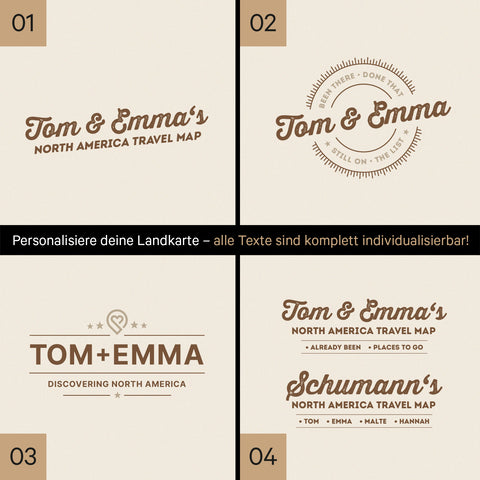 Nordamerika Karte mit hohem Detailgrad als Papier-Poster mit vier unterschiedlichen Personalisierungen zur Auswahl