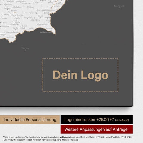 Österreich-Karte als Pinn-Leinwand in Dunkelgrau mit Eindruck eines Firmenlogos