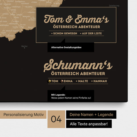 Pinnwand Leinwand einer Österreich-Karte in Sonar Black (Schwarz Gold) mit Personalisierung als Logo mit Familiennamen