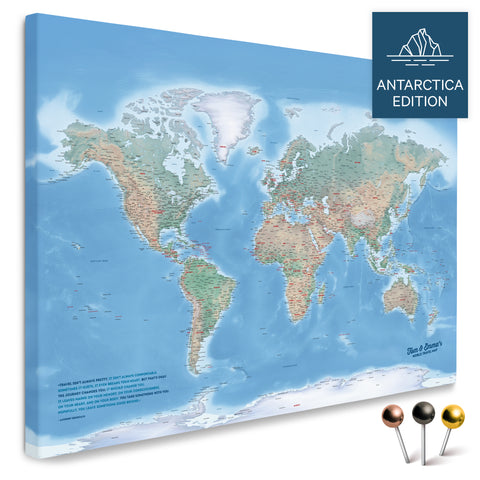 Physische Weltkarte mit Antarktis in Multicolor Terra als Pinnwand Leinwand kaufen