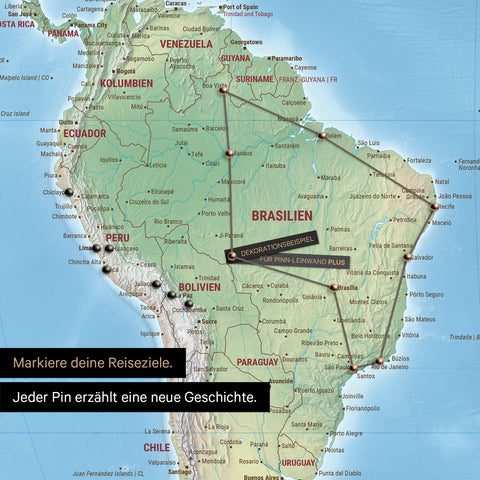 Detail of a physical world map in the Equal Earth projection as a Push Pin Map in Multicolor Terra, showing a pinned travel route through the South American countries of Brazil, Peru, and Ecuador