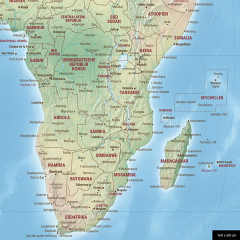 Physical world map with terrain detail in the Equal Earth projection, in Multicolor Terra, showing a section of Africa in its correct relative sizes and proportions.