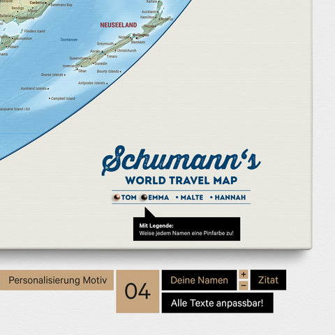 Leinwand einer physischen Weltkarte in der Equal-Earth-Projektion in Multicolor Terra mit Personalisierung als Logo mit Familiennamen und Legende