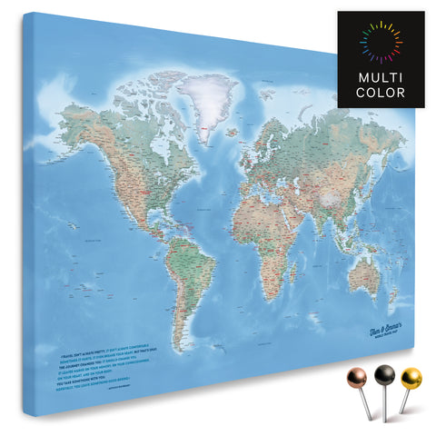 Hoogwaardige fysieke wereldkaart in Multicolor Terra als Canvas Prikbord of wanddecoratie, perfect om reizen te markeren en plannen, kopen