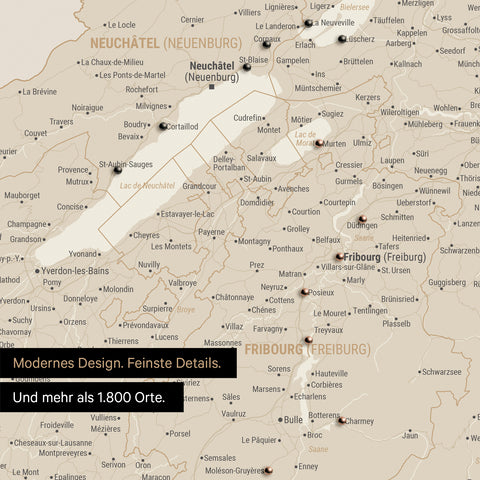 Ausschnitte einer Schweizkarte in der Region Freiburg und Thunersee als Pinn-Leinwand in Gold mit 1.400 Orten