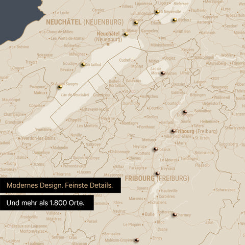 Ausschnitte einer Schweizkarte in der Region Freiburg und Thunersee als Pinn-Leinwand in Hale Navy (Dunkelblau-Gold) mit 1.400 Orten