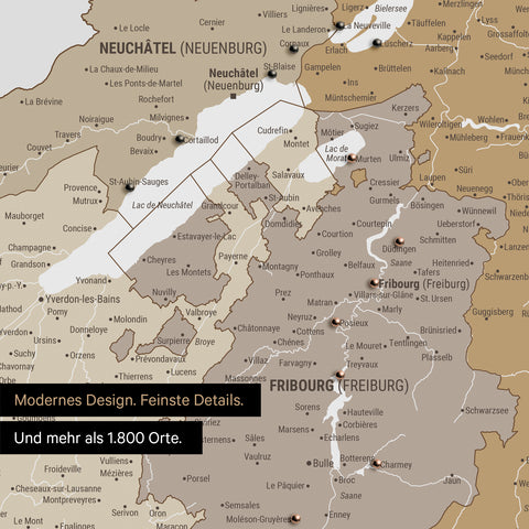 Ausschnitte einer Schweizkarte in der Region Freiburg und Thunersee als Pinn-Leinwand in Multicolor Beige mit 1.400 Orten