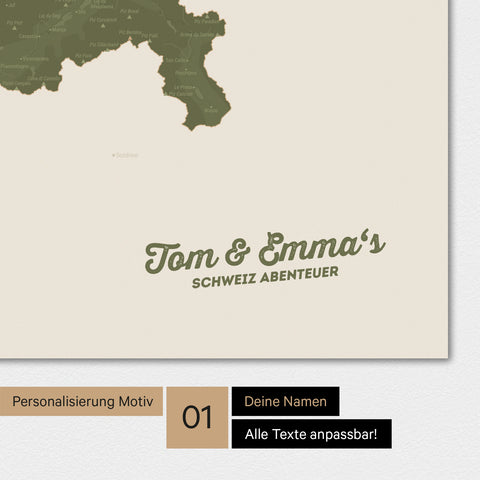 Magnetische Schweiz-Karte als Magnetboard in Olive Green mit Personalisierung und eigedruckten Namen