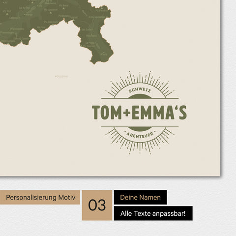 Schweiz-Karte Magnetboard in der Farbe Olive Green mit Personalisierung als Logo im Vintage-Look