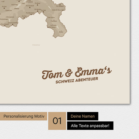 Magnetische Schweiz-Karte als Magnetboard in Desert Sand (Beige) mit Personalisierung und eigedruckten Namen