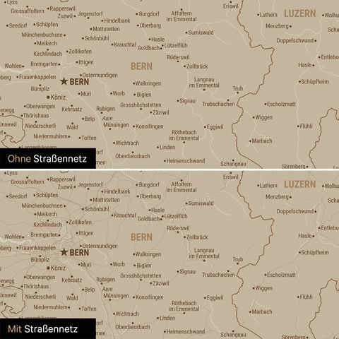Magnetische Schweiz-Karte Leinwand in Warmgray (Braun-Grau) wahlweise mit oder ohne Straßennetz