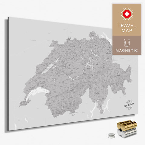 Magnetische Schweiz-Karte in Hellgrau als Magnetboard zum Pinnen und Markieren von Reisezielen kaufen