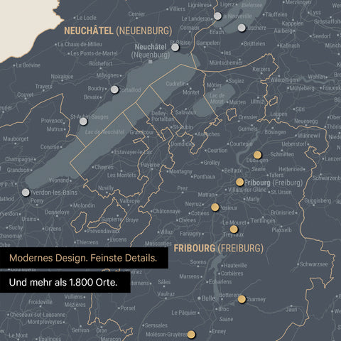 Ausschnitte einer Schweizkarte in der Region Freiburg und Thunersee in Navy Light mit 1.400 Orten