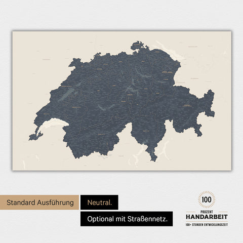 Neutrale und schlichte Ausführung einer magnetischen Schweiz-Karte in Navy Light