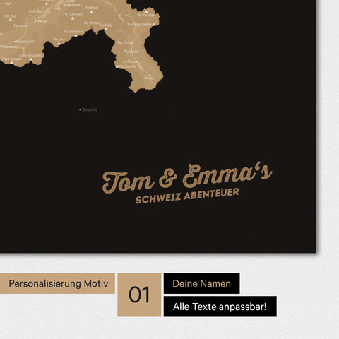Magnetische Schweiz-Karte als Magnetboard in Sonar Black mit Personalisierung und eigedruckten Namen