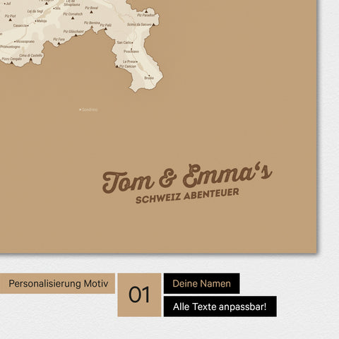 Magnetische Schweiz-Karte als Magnetboard in Treasure Gold mit Personalisierung und eigedruckten Namen