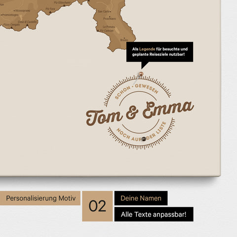 Pinnwand Leinwand einer Schweizkarte in Farbe Bronze mit personalisiertem Eindruck von Namen und einer Legende zum Markieren