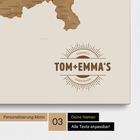 Schweiz-Karte als Pinn-Leinwand in Bronze mit eingedruckten Namen als Logo in Form einer Sonne