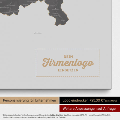 Schweiz-Karte als Pinn-Leinwand in Dunkelgrau mit Eindruck eines Firmenlogos