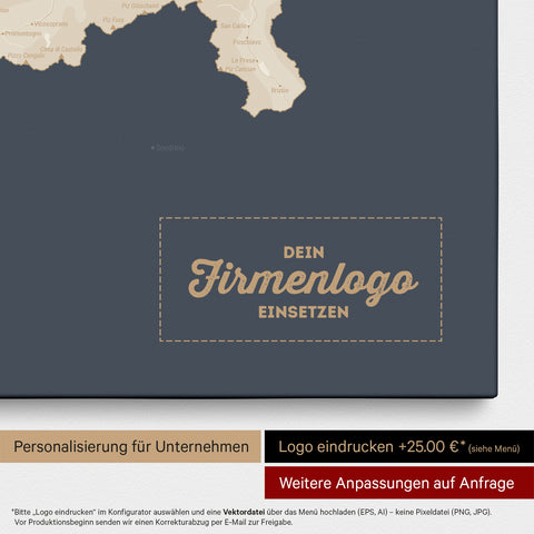 Schweiz-Karte als Pinn-Leinwand in Hale Navy (Dunkelblau-Gold) mit Eindruck eines Firmenlogos