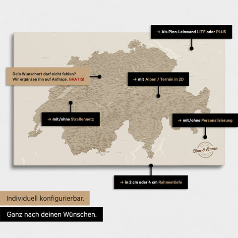 Vielfältige Konfigurationsmöglichkeiten einer Schweiz-Karte in Beige
