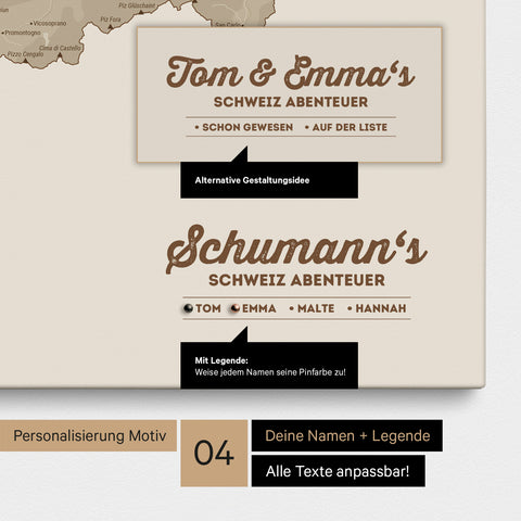 Pinnwand Leinwand einer Schweiz-Karte in Desert Sand (Beige) mit Personalisierung als Logo mit Familiennamen