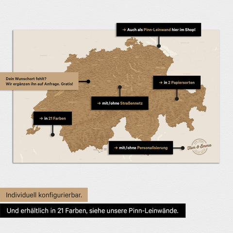 Verschiedene Konfigurationsmöglichkeiten für ein individuelles Poster einer Schweiz-Karte