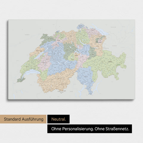 Neutrale und schlichte Standard-Ausführung einer politischen Schweiz-Karte als Pinn-Leinwand in Multicolor Atlas