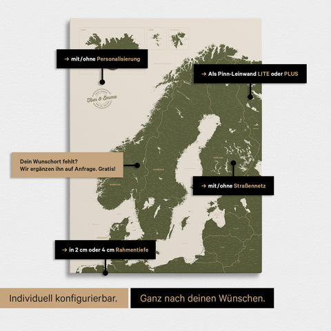 Konfigurationsmöglichkeiten einer Skandinavien-Landkarte als Pinn-Leinwand in Grün