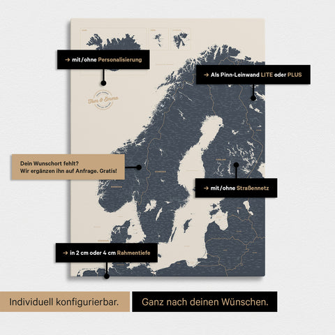 Konfigurationsmöglichkeiten einer Skandinavien-Landkarte als Pinn-Leinwand in Navy Light