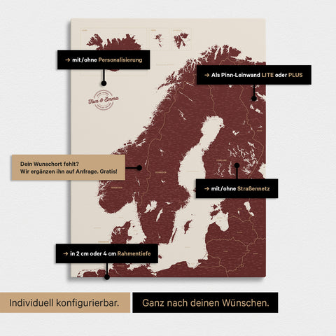 Konfigurationsmöglichkeiten einer Skandinavien-Landkarte als Pinn-Leinwand in Bordeaux Rot