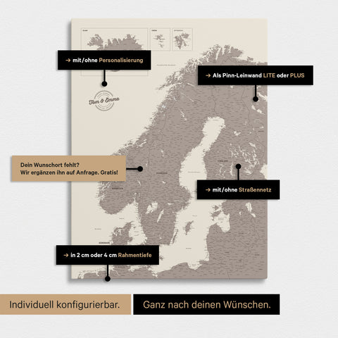 Konfigurationsmöglichkeiten einer Skandinavien-Landkarte als Pinn-Leinwand in Warmgray (Braun-Grau)