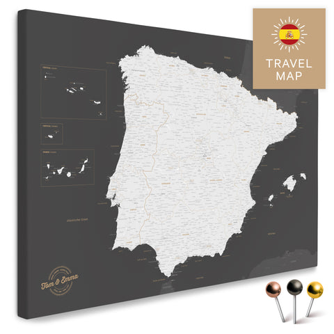 Spanien- & Portugal-Landkarte in der Farbe Dunkelgrau in einem modernen, minimalistischem Design als Leinwand zum Pinnen von Reisen und Orten