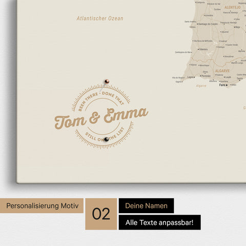 Spanien- & Portugal-Karte Pinn-Leinwand in Gold mit Personalisierung als rundes Logo, das eine Legende für bereits besuchte Reiseziele im Rundtext beinhaltet