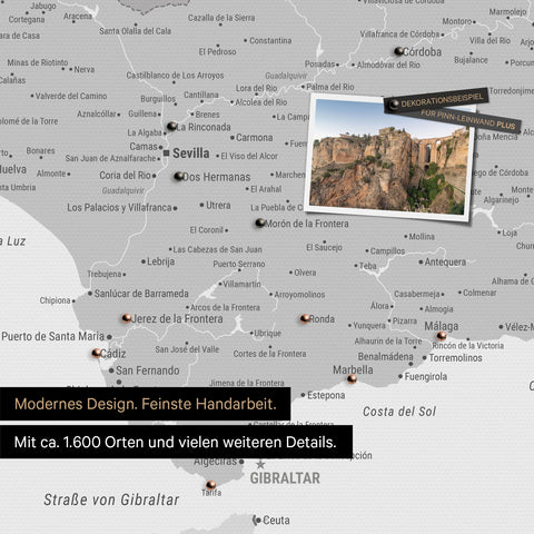 Spanien- & Portugal Landkarte in Multicolor Grau als Leinwand zum Pinnen zeigt einen Ausschnitt der Costa del Sol mit vielen Details wie Nationalparks, Flüssen und zahlreichen kleinen Orten und Städten, die mit Pins markiert sind