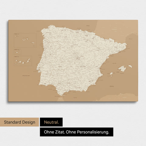 Neutrale Standard Ausführung der detaillierten Spanien- & Portugal-Karte als Pinnwand Leinwand in Treasure Gold ohne Personalisierung