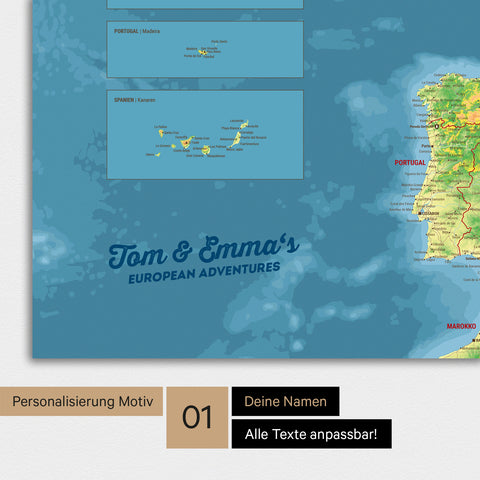 Magnetische topografische Europakarte als Magnetboard mit Personalisierung und Namen in einer modernen Schreibschrift