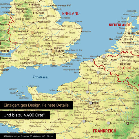 Ausschnitt einer magnetischen topografischen Europakarte zeigt einen Ausschnitt von England, Frankreich und Belgien mit Details wie Nationalparks, Flüssen und zahlreichen kleineren Orten und Städten