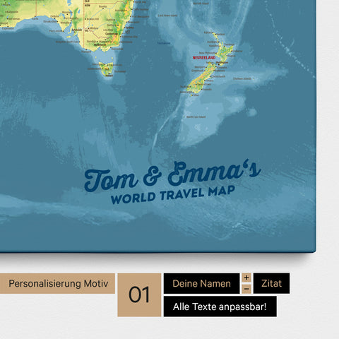 Topografische Weltkarte als Pinnwand Leinwand in Multicolor Topo mit Personalisierung und Eindruck von deinen Namen