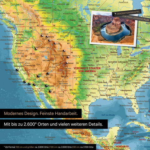 Gedetailleerde topografische wereldkaart als prikbord in Multicolor Topo voor het markeren van tot wel 2.600 reisbestemmingen in de VS, Canada en Mexico, ideaal voor de visuele weergave van afgelopen reizen en toekomstige reisplannen