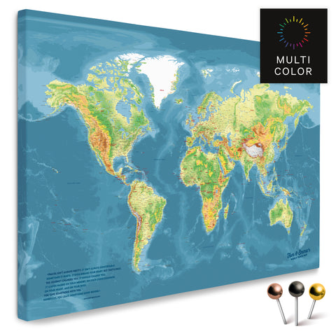 Hoogwaardige topografische wereldkaart in multicolor topo als prikbord, perfect om reizen te markeren en plannen, kopen