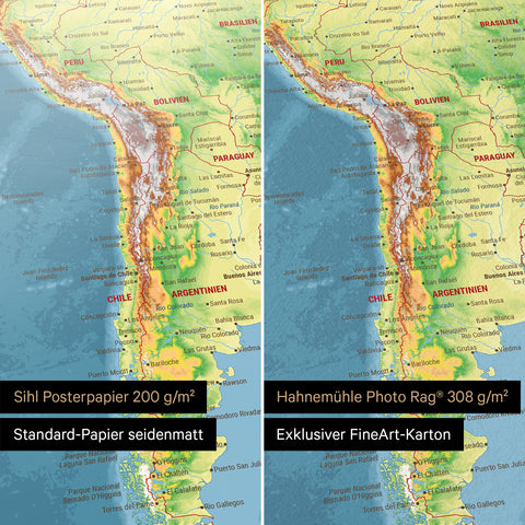 Topografische wereldkaart in multicolor topo als poster op het papier Sihl posterpapier of Hahnemühle Photo Rag
